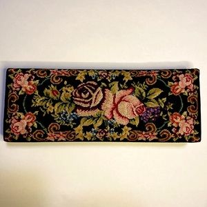 Pristine condition vintage petit point floral & black silk jewelry box.